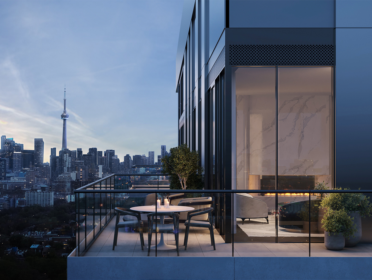 Luxury condo balcony overlooking the Toronto skyline at dusk